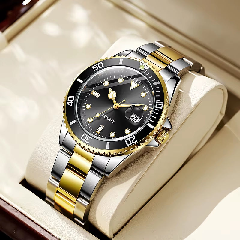 Quartz Movement No Logo 40Mm Rotating Bezel Rubber Stainless Steel Strap Watch Analog with Day Function