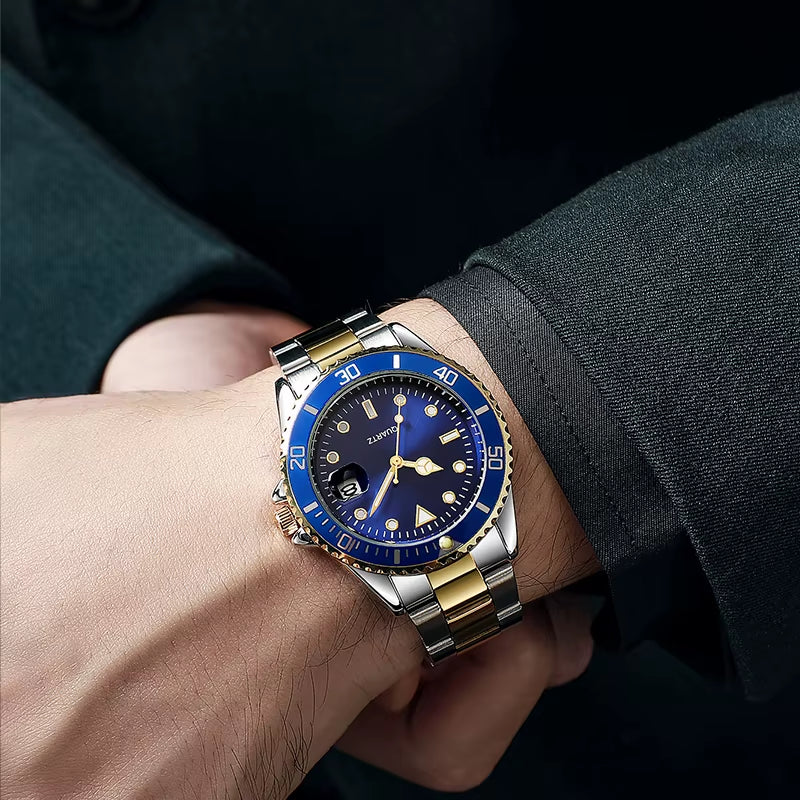 Quartz Movement No Logo 40Mm Rotating Bezel Rubber Stainless Steel Strap Watch Analog with Day Function