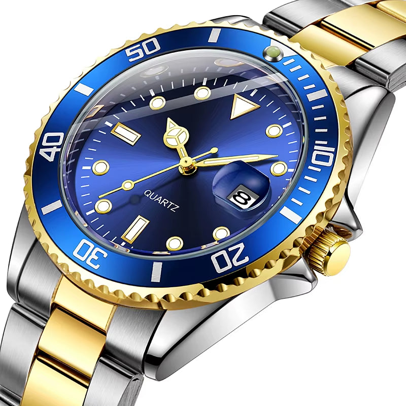 Quartz Movement No Logo 40Mm Rotating Bezel Rubber Stainless Steel Strap Watch Analog with Day Function