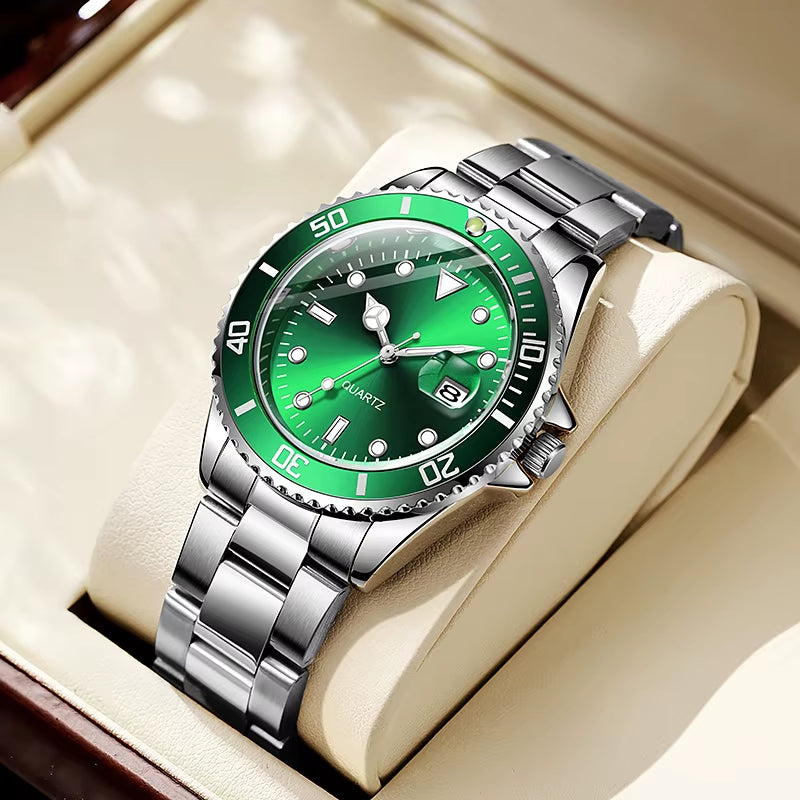 Quartz Movement No Logo 40Mm Rotating Bezel Rubber Stainless Steel Strap Watch Analog with Day Function
