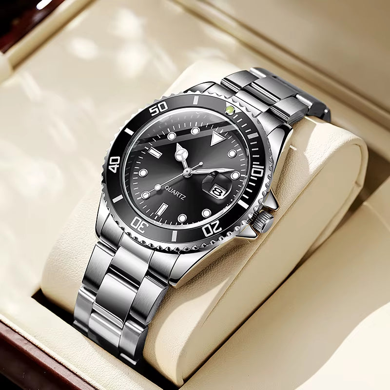 Quartz Movement No Logo 40Mm Rotating Bezel Rubber Stainless Steel Strap Watch Analog with Day Function